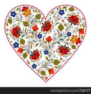 Vector illustration of floral heart with traditional russian pattern.Khokhloma.