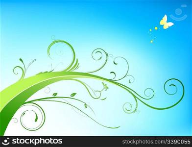 Vector illustration of floral lines background with Design elements - green flourish and yellow butterfly on white background