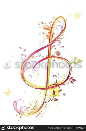 Vector illustration of floral music abstract background with Treble clef