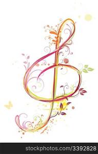 Vector illustration of floral music abstract background with Treble clef