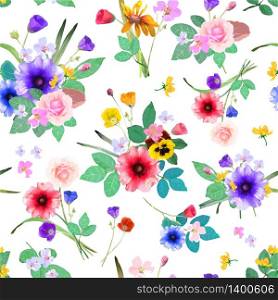 Vector illustration of floral seamless. Hand drawn beautiful colorful flowers. Isolated bouquets.. Vector illustration of floral seamless. Beautiful colorful flowe