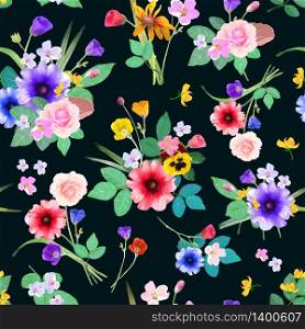 Vector illustration of floral seamless. Hand drawn beautiful colorful flowers. Isolated bouquets on black background.. Vector illustration of floral seamless. Hand drawn beautiful col