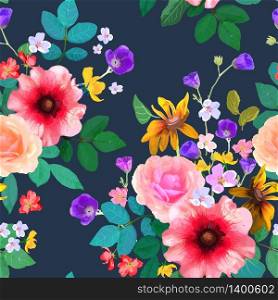 Vector illustration of floral seamless. Hand drawn beautiful colorful flowers on dark blue background.. Vector illustration of floral seamless. Hand drawn colorful flow