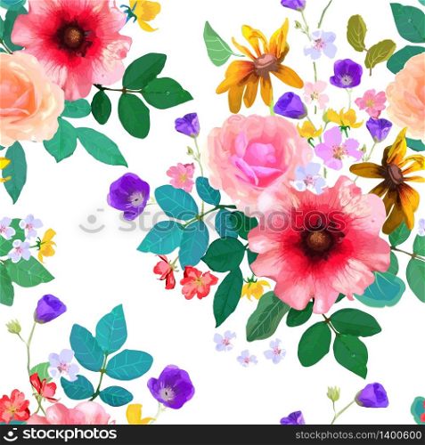 Vector illustration of floral seamless. Hand drawn beautiful colorful flowers.. Vector illustration of floral seamless. Hand drawn beautifull fl