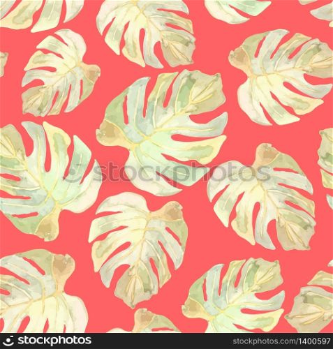 Vector illustration of floral seamless. Monstera leaves on a red background, drawn watercolor.. Vector illustration of floral seamless. Monstera leaves on a red
