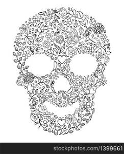 Vector Illustration of floral skull on white background.Coloring page for adult.