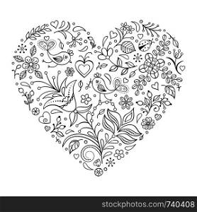 Vector illustration of floral valentines heart isolated on white background.Coloring page for children and adult.. floral valentines heart