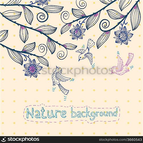 vector illustration of flying birds and blooming tree