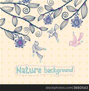 vector illustration of flying birds and blooming tree