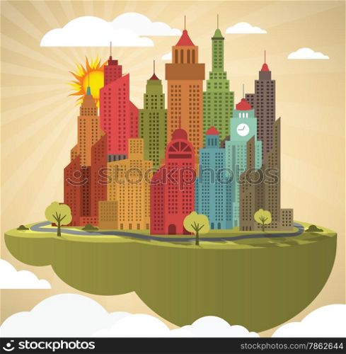 Vector illustration of flying island (modern city)