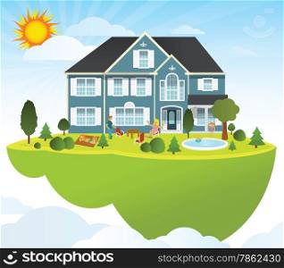 Vector illustration of flying island (people enjoying summer outside the house)