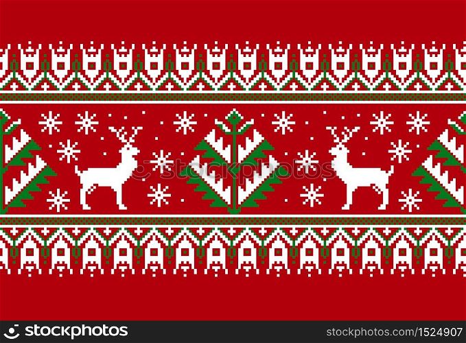 Vector illustration of folk seamless pattern ornament. Ethnic New Year red ornament with pine trees and deers. Cool ethnic border element for your designs. Vector illustration of folk seamless pattern ornament. Ethnic New Year red ornament with pine trees and deers. Cool ethnic border element for your designs.