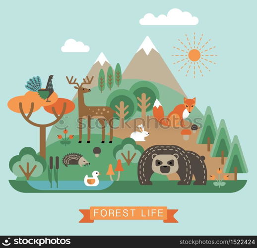 Vector illustration of forest life. Forest flora and fauna. Trendy graphic style.. Vector illustration of forest life.