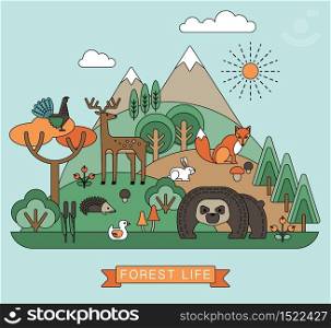 Vector illustration of forest life. Forest flora and fauna. Trendy graphic style.. Vector illustration of forest life.