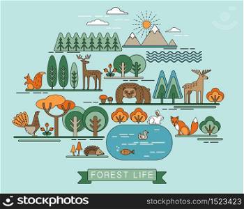 Vector illustration of forest life. Forest flora and fauna. Trendy graphic style.. Vector illustration of forest life.