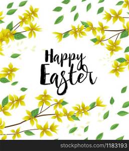 Vector illustration of Forsythia flower from tree. Spring landscape, nature background. Decoration yellow flowers card Happy Easter. Golden Rain. Yellow flowers card Happy Easter