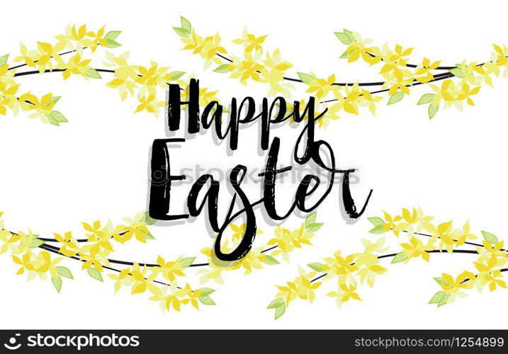 Vector illustration of Forsythia flower from tree. Spring landscape, nature background. Frame decoration yellow flowers card Happy Easter. Golden Rain. Yellow flowers card Happy Easter