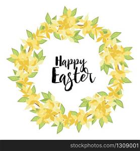 Vector illustration of Forsythia flower from tree. Spring landscape, nature background. Frame decoration yellow flowers card Happy Easter. Golden Rain. Yellow flowers card Happy Easter