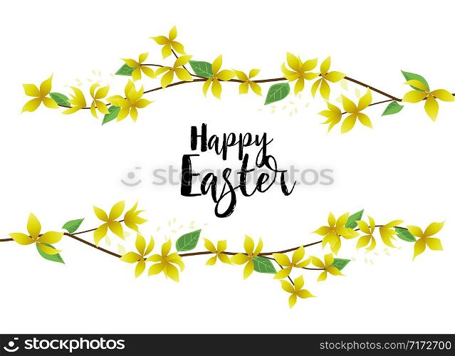 Vector illustration of Forsythia flower from tree. Spring landscape, nature background. Decoration yellow flowers card Happy Easter. Golden Rain. Yellow flowers card Happy Easter