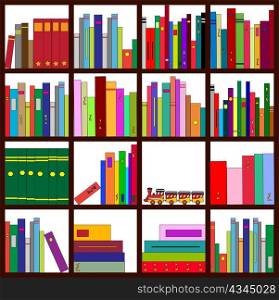 Vector illustration of four bookshelves with loads of cool books of all colors, types and sizes