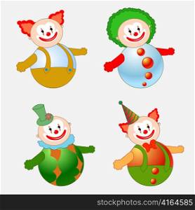 Vector illustration of four circus clowns on tilting doll style