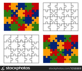 Vector illustration of four different white and colored puzzles, separate pieces