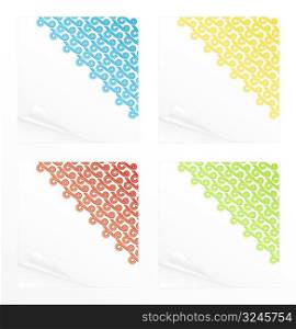 Vector illustration of four differently colored beautiful cute note paper reminders with abstract curly ribbons corners.