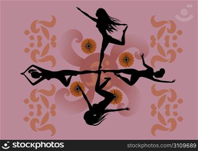 Vector Illustration of four girls making yoga, sport and dancing balet with stylized hibiscus and others floral elements