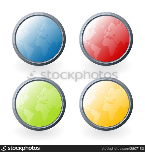 Vector illustration of four highly detailed glossy world map buttons or icons with light beautiful light reflections.