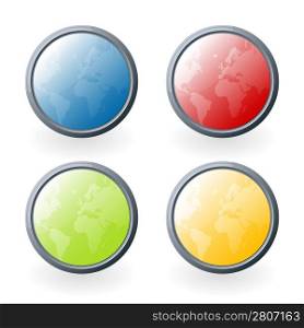 Vector illustration of four highly detailed glossy world map buttons or icons with light beautiful light reflections.