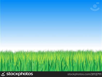 Vector illustration of four highly-detailed separated groups of grass outlines on a gradient blue sky.