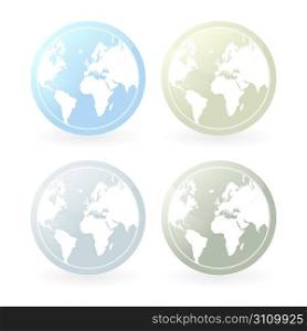 Vector illustration of four mildly colored world map icons. Slight glossy effect and shadow.
