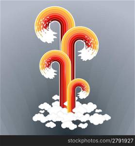 Vector illustration of four splashy lined art design elements exploding from a group of clouds.
