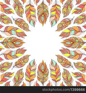 Vector illustration of frame with abstract colorful feathers.
