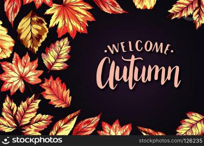 Vector illustration of frame with fall leaves and hand lettering Welcome Autumn. Seasonal background for card, banner, flyer concept.. Welcome autumn frame