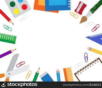 Vector illustration of frame with stationery items on the white background.