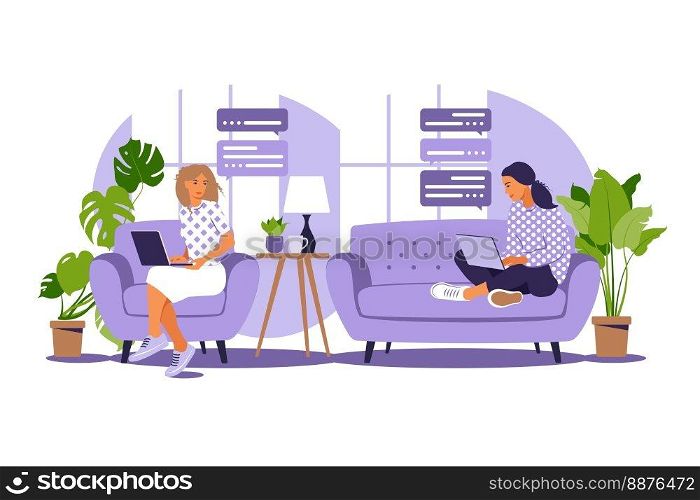 Vector illustration of freelance work. Girls work at the computer at home on the couch. Freelance or studying concept. Girls have a lot of work. Vector illustration of student studying at home. Flat.
