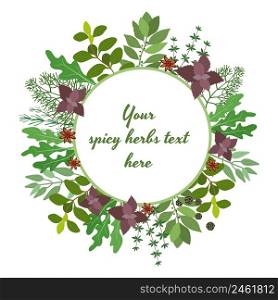 Vector illustration of fresh cooking herbs in a circular frame with oregano parsley basil rosemary rocket sage bay and thyme leaves around central copyspace for your text on white