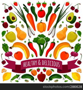 Vector illustration of fruits and vegetables. Food fruit and vegetable fresh. Vector illustration of fruits and vegetables