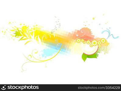 Vector illustration of funky abstract background made of geometric squares and floral elements.