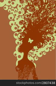 Vector illustration of funky, cool, woman silhouette on the floral background.