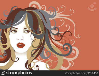 Vector illustration of funky, cool, young woman portrait on the brown background.