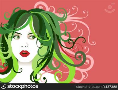 Vector illustration of funky, cool, young woman portrait on the pink background.