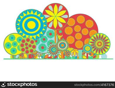 Vector illustration of funky floral background. Decorated with funny flowers and trees.