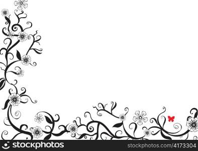 Vector illustration of funky floral black and white background. Decorated with red butterfly.