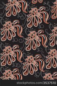 Vector illustration of funky flowers abstract pattern on the black background