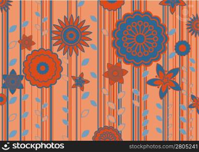 Vector illustration of funky flowers and leaves retro pattern on red background