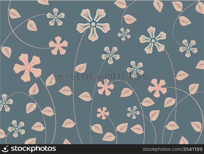 Vector illustration of funky flowers in retro style on dark background. Abstract pattern.