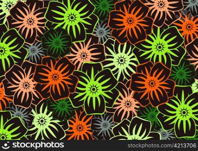 Vector illustration of funky flowers pattern on the black background