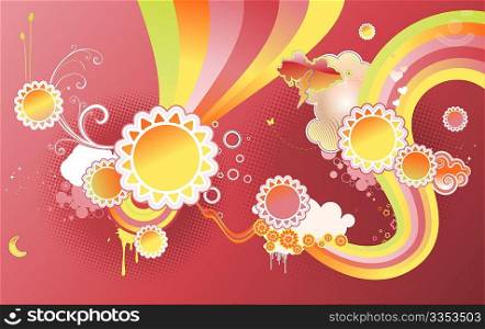 Vector illustration of funky styled design background made of sun shapes, rainbow shapes and floral elements